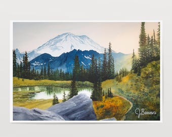 Mt Rainier Aquarell Druck: Morgenröte bei Naches Loop, Washington State signierte Kunst