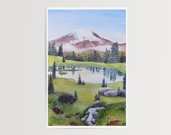 Mount Rainier Aquarell Druck: Washington State Mountain Kunstdruck signiert