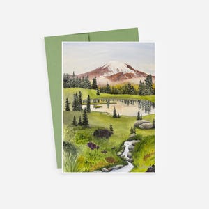 Matin du mont Rainier - Le parc national du Mont Rainier a signé une impression de carte de voeux de 5 x 7 d'une peinture à l'aquarelle de Julie Barrows