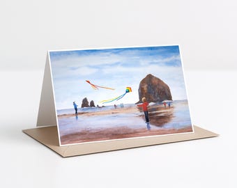 Cannon Beach Oregon Watercolor Art Card: Kite Painting