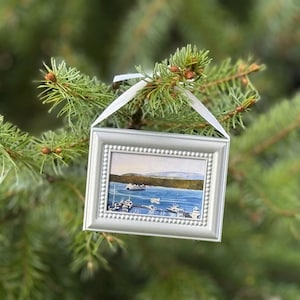 Ornament/silver mini frame of Friday Harbor Marina - San Juan Island in Washington watercolor print