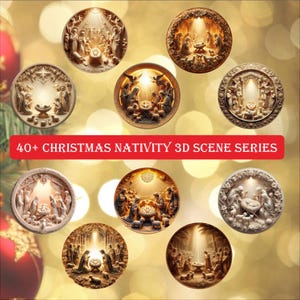 May include: A collection of 10 round, white, 3D Christmas nativity scenes with gold accents. Each scene depicts the birth of Jesus with Mary, Joseph, and the three wise men. The scenes are arranged in a circle with a gold background.