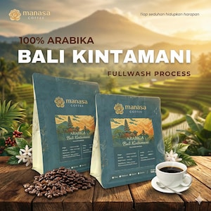 May include: Two teal coffee bags with the text "100% Arabika Bali Kintamani" and a cup of coffee on a wooden table. The bags have a floral logo and a landscape illustration. Coffee beans are scattered on the table.