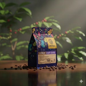 May include: A dark blue coffee bag with colorful abstract designs and the text "ARUTALA" and "LUWAK LIAR GAYO". The bag is sitting on a wooden surface with scattered coffee beans. Green foliage is in the background.