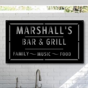 Personalized Metal Family Bar and Grill Sign, Metal Backyard Sign, Metal Patio Sign, Custom Bar and Grill Sign, Metal Barbeque Sign