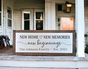 New Home Sign Personalized, New Home New Memories New Beginnings Sign, New Home Gift, Family Name Sign, Custom Wood Sign, Last Name Sign