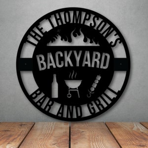 Personalized Metal BBQ Sign; Metal Barbecue Sign; Metal Bar and Grill Sign; Custom Bar and Grill Sign; Custom Backyard Sign; Backyard Sign