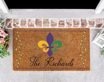 Personalized Mardi Gras Doormat Family Doormat, Mardi Gras Decor, Mardi Gras Doormat, New Orleans Doormat, Last Name Sign, Family Name Sign