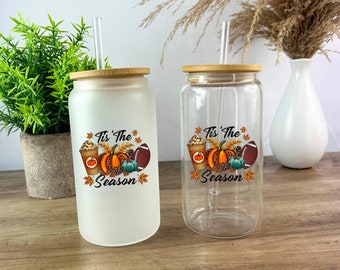 Fall Iced Glass Coffee Cup, Fall Coffee Cup, Tis The Season, Fall Glass Cup with Lid and Straw, Fall Gifts, Coffee Football Pumpkin