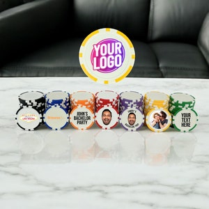 May include: A set of 10 personalized poker chips with different designs. The chips are black, blue, orange, red, purple, yellow, and green. The designs include "Welcome to Las Vegas", "Bridesmen", "John's Bachelor Party", a man's face, "Jimmy's Bachelor Trip", a couple, and "Your Text Here".