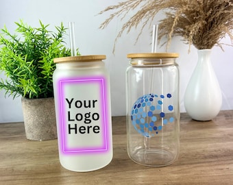 Custom Glass Iced Coffee Cup, Corporate Gift Idea, Small Business Owner Gift, Your Logo Here, Business Swag, Marketing Gift Corporate Bulk.