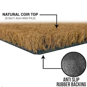 May include: A brown coir doormat with a natural coir top and a black anti-slip rubber backing. The coir top is 0.5 inches or 1.3 cm high pile.