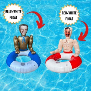 May include: Two inflatable pool floats, one blue and white, the other red and white, each with a face attached. The blue and white float has a gold torso and blue accents. The red and white float has a tan torso. Text on the image reads "BLUE/WHITE FLOAT" and "RED/WHITE FLOAT".