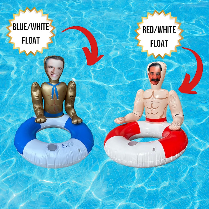 May include: Two inflatable pool floats, one blue and white, the other red and white, each with a face attached. The blue and white float has a gold torso and blue accents. The red and white float has a tan torso. Text on the image reads "BLUE/WHITE FLOAT" and "RED/WHITE FLOAT".