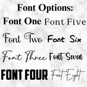 May include: A graphic showing eight different font options. The text reads "Font Options:" followed by "Font One", "Font Five", "Font Two", "Font Six", "Font Three", "Font Seven", "FONT FOUR", and "Font Eight".