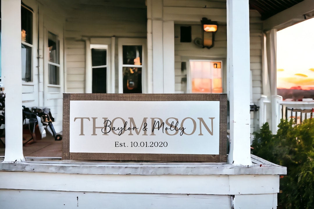 Personalized Last Name Sign with Names and Established Date, Anniversary Sign, Last Name Sign, Wedding Date Sign, Wedding Gift Sign - White/Dark Walnut, 17 x 6 inches