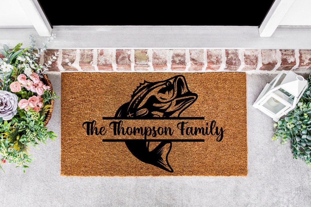Bass Fish Split Monogram Doormat, Fishing Doormat, Last Name Doormat