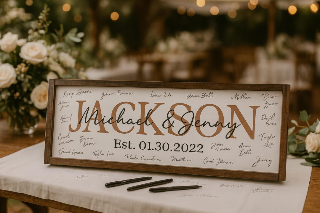 Wedding Guest Book, Unique Wood Guestbook, Last Name Guest Book, Wedding Guest Book Alternative & Wedding Sign, Wood Guest Book Sign - White/Dark Walnut, 30 x 10 inches