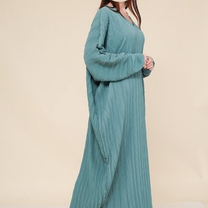 Robe longue manches longues tissu plissé eid aid dress abaya mastour hijab muslima jilbeb jilbab satin belle élégante Vert