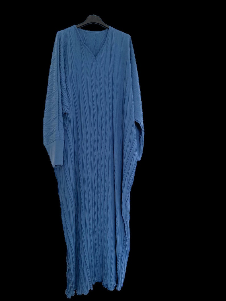 Robe longue manches longues tissu plissé eid aid dress abaya mastour hijab muslima jilbeb jilbab satin belle élégante Bleu