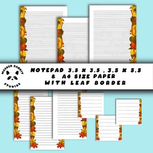Peut inclure: Plusieurs blocs-notes lignés de différentes tailles, dont 8,9 x 8,9 cm et 8,9 x 14 cm, avec une bordure décorative de feuilles d'automne. Le texte "NOTEPAD 3.5 X 3.5, 3.5 X 5.5 8 A4 SIZE PAPER WITH LEAF BORDER" est visible.