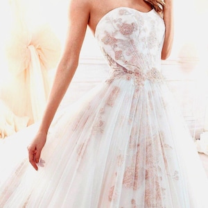 Boho wedding dress /Floral bridal dress /Off shoulders sleeves /Champagne /Ivory/Blush colour, Floral lace/ rose gold under soft tulle