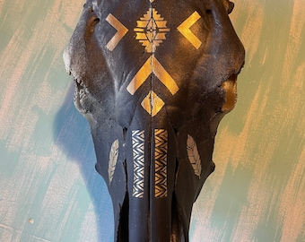 Zwart-gouden koeienschedel - westers decor - echt - handgeschilderd - westerse kunst