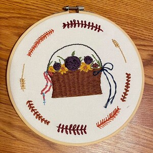 Fall Rosary Flower Basket 8-inch Hand Embroidery Hoop Catholic Wall Art