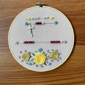 Kitchen Rosary, Hand Embroidered and Beaded, Made with Old Catholic Rosary Beads