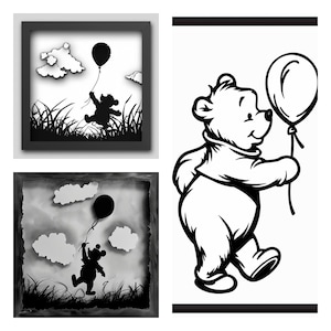 16 lignes noires Winnie l'ourson pour découpe laser, déco murale, cnc, svg