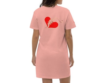 HEART Pink T-Shirt Dress, Women's Long T-Shirt, Ladies' Organic Short-Sleeved Cozy Dress