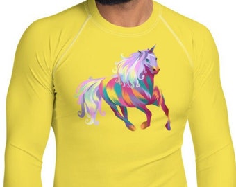 Colorful Unicorn Rash Guard, Long-Sleeved Shirt for Men's Athletic Workout, Running, Gym, Surfing, Swimming, Fishing, Water Sports (UPF)