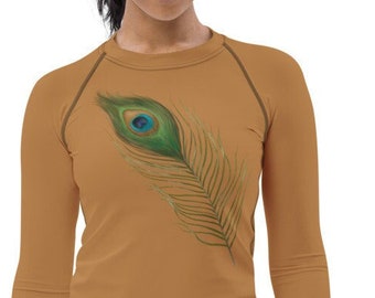 Sports Running Shirt, Rash Guard Peacock Feather, Yoga, Pilates, Athletic Workout, BJJ, Water Sports, Surfing, Moisture-Wicking Long Sleeve