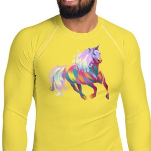 Colorful Unicorn Rash Guard, Long-Sleeved Shirt for Men&#39;s Athletic Workout, Running, Gym, Surfing, Swimming, Fishing, Water Sports (UPF)