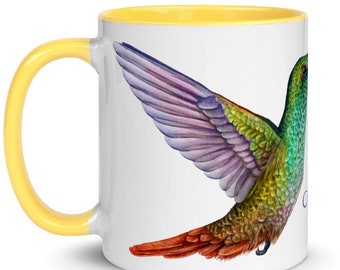 HUMMINGBIRDS LARGE & SMALL Colorful Coffee/Tea Mug 'Trusting My Own Wings', Bird Lover Gift, Unique Watercolor Art (Inside: Yellow)