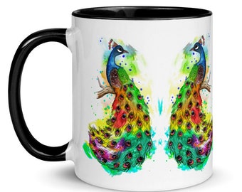 Colorful Peacock Mug, Peacocks Coffee/Tea Mug with Black inside, Bird Lover Gift, Watercolor Art Mug, Peacock Cup