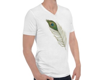 Men's V-Neck T-Shirt with A Big Peacock Feather, Wearable Watercolor Art Tee Gift for Him, Boyfriend's Clubbing, Rave, Dance, Festival Wear