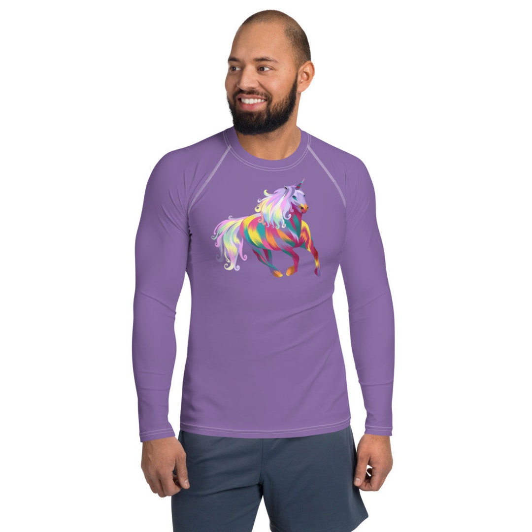 Colorful Unicorn Rash Guard, Long-sleeved Shirt for Men's Athletic Workout,  Running, Gym, Surfing, Swimming, Fishing, Water Sports UPF 