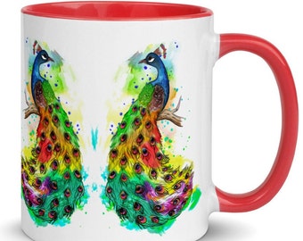 Colorful Peacock Mug, Peacocks Coffee/Tea Mug with Red inside, Bird Lover Gift, Watercolor Art Mug, Peacock Cup