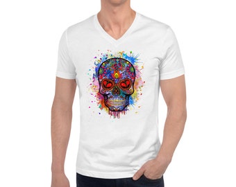 SKULL ART V-Neck Colorful T-Shirt for Trendy Men, Boyfriend's Gift, Cool Skeleton Lover. Dance, Party, Clubbing, Rave Festival Wear for Him