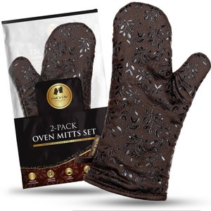 Oven Mitts Set | Premium Quality | Silicone Textured Non-Slip Grip | Cotton Kitchen Gloves | Soft Terry Cloth Lining | Housewarming Gift