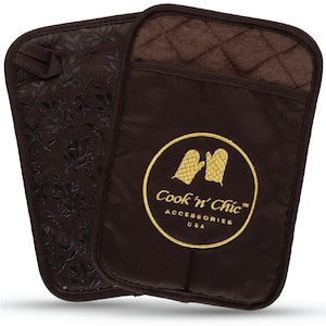 May include: A pair of brown quilted pot holders with a gold embroidered logo that says "Cook 'n Chic Accessories USA".
