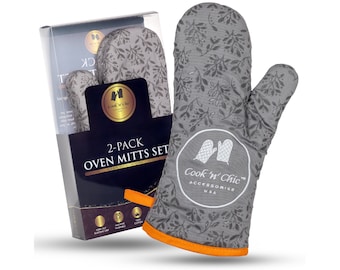 Cotton Oven Mitts Set – Silicone Grip, Terry Cloth Lined, Signature Edition, Christmas Gift
