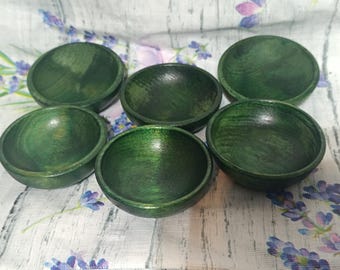 Six Green Mini Wooden Bowls 7 x 2.5 cm