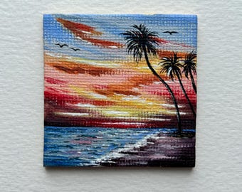 Hand Painted Seascape Fridge Magnet: Miniature Sunset Artwork
