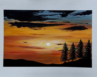 Sky Landscape Painting  - Original Gouache Painting - Sunset Wall Art - Watercolour Painting - Watercolour Prints - A5 Sunset Art Poster -