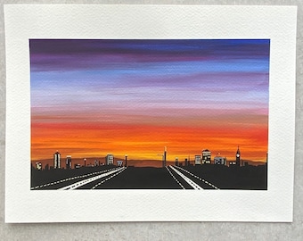 Pintura de acuarela del horizonte del atardecer - Pintura del horizonte del atardecer con arco iris - Pintura del atardecer - Arte mural del horizonte - Decoración de pared - Regalos pintados a mano