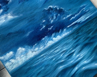Pintura al óleo del océano 30 x 30 cm - Obra original - Aguas azules - Arte de mares tempestuosos - Óleo sobre lienzo - Decoración de pared