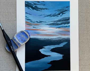 Striking Blue Sky Blue River Painting - Watercolour Painting - Desk Accessories - Watercolour Art - Landscape Painting - Painting Art Gifts