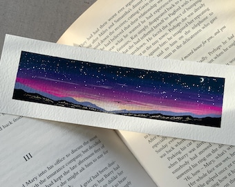 Hand-painted 'Starry Sunset Hills' Bookmark | Gouache Landscape Art
